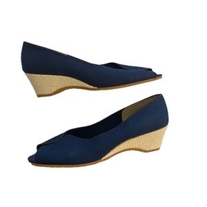 Vtg Outdorables Daniel Green Wedge Peep Toe Shoes Blue Size 7 1/2 Narrow